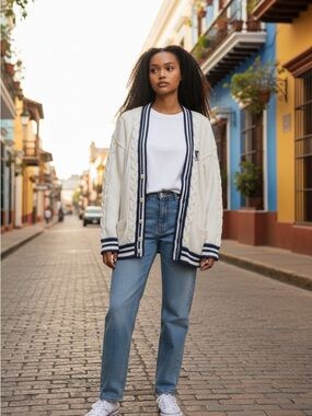 GAP Vintage 1990s Varsity Tennis Cable Knit V Neck Cardigan White Blue Preppy